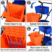 HOMCOM Cărucior Profesional de Curățenie cu 2 Găleți de 26L, Cărucior cu Presă, Mâner și 4 Roți Universale, pentru Hotel, Casă, Birou, 78x45x95 cm, Portocaliu și Albastru(m-5)