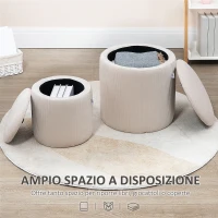 HOMCOM Set di 2 Pouf Contenitore Salvaspazio Rotondi e Imbottiti in Velluto a Coste, Bianco(m-5)