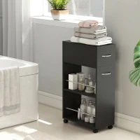 HOMCOM Cărucior de Bucătărie cu 2 Rafturi Deschise, Sertar și Balustrade, Lemn și Oțel Inoxidabil, 25x50x85 cm, Negru(m-8)