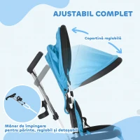 HOMCOM Triciclu pentru Copii cu Mâner 6 în 1, Copertină Reglabilă și Centură de Siguranță, Vârsta 1-5 Ani, Albastru(m-5)