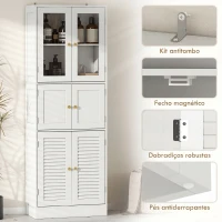 HOMCOM Armário de Casa de Banho Alto com Portas de Vidro Portas de Ripas e Prateleiras Ajustáveis 60x30x170 cm Branco(m-7)