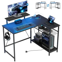 HOMCOM Birou Gaming Colțar cu LED, Prize Electrice, Suport pentru Monitor și Raft, Negru(m-12)