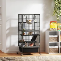 PawHut Gaiola para pequenos animais 4 andares com bandeja elevável Rampas Rede Rodízios Plataformas 52x52x115 cm Cinza(m-6)