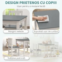 AIYAPLAY Set masă și scaune pentru copii de 3-8 ani, 3 piese din lemn cu margini rotunjite, gri și alb(m-4)