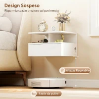 HOMCOM Set 2 Comodini Sospesi con Stazione di Ricarica, Cassetto e Ripiano Aperto, in Legno, 40x35x30 cm, Bianco(m-4)