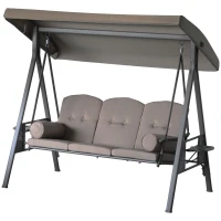 Outsunny Balansoar Autoportant cu 3 Locuri, Scaun de Relaxare Exterior Căptușit cu Acoperiș Reglabil, Maro(m-12)