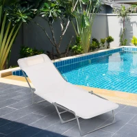 Outsunny Șezlong Pliabil cu Spătar Reglabil în 5 Poziții și Pernă, Șezlong de Grădină cu Material Textil Respirabil, pentru Plajă, Piscină, Grădină, 182x56x28 cm, Crem(m-2)