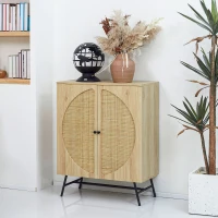 HOMCOM Credenza in Stile Boho con 2 Ante in Legno e Rattan, 80x39x101.8cm Naturale(m-10)