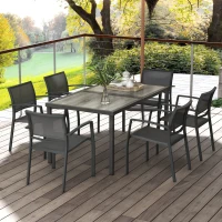 Outsunny Set de Grădină cu 6 Scaune Stivuibile din Material Textil de Plasă și Masă cu Aspect de Lemn, Gri(m-10)