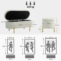 HOMCOM Bancă de Depozitare Ovală 72L cu Capac Rabatabil, din Țesătură Velurată și Lemn, 108x44x43.5 cm, Crem(m-3)