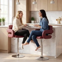 HOMCOM Sgabello da Bar con Schienale e Braccioli, Altezza Regolabile e Poggiapiedi, Finta Pelle Rosso(m-8)