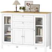 HOMCOM Mobile Cucina con 2 Cassetti e 3 Armadietti, Ante in Vetro e Ripiani Regolabili, 120x40x90 cm, Bianco e Rovere(m-14)