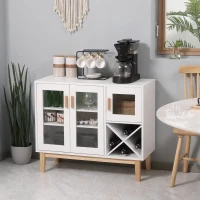 HOMCOM Aparador de Cozinha com 3 Portas de Vidro e Suporte em Forma de X para 4 Garrafas Móvel Buffet Auxiliar 90x37x75cm Branco(m-10)