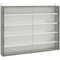 HOMCOM 5-Tier Wall Display Shelf Unit Cabinet w/ 4 Adjustable Shelves Glass Doors Home Office Ornaments 60x80cm Grey Wood Grain(m-1)