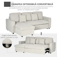 HOMCOM Canapea Extensibilă de Colț în Formă de L, 2 Locuri cu Șezlong Convertibil în Pat pentru o Persoană, Canapea cu Spațiu de Depozitare și 2 Perne, Crem(m-4)