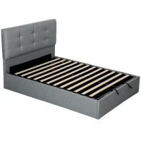 HOMCOM Lit coffre 140x190, cadre de lit double rembourré avec sommier à lattes en bois et rangement cach, sans matelas, gris(m-1)