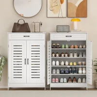 HOMCOM Shoe Cabinet with Louvered Doors, Modern Shoe Storage Cabinet with Drawer and Adjustable Shelves, White(m-8)