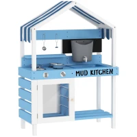 AIYAPLAY Outdoor-Spielküche für Kinder mit Sonnendach, Kochgeschirr-Set, Massivholz, Blau(m-1)