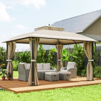 Outsunny Pavilion de grădină 3.7 x 3 m cu plasă de țânțari, perdele laterale și acoperiș dublu, bej(m-2)