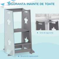 AIYAPLAY Scară Montessori Convertibilă în Set de Masă și Scaune cu Bară de Siguranță, din Lemn, 60x44.5x86 cm, Gri(m-4)