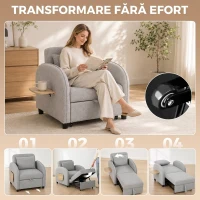 HOMCOM Fotoliu Extensibil 3 în 1 cu Spătar Reglabil, Tapițat din In și Lemn, 78x88x82 cm, Gri(m-4)