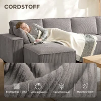 HOMCOM Ecksofa mit Doppel-Chaiselongues, U-förmiges Sofa aus Cordstoff mit breitem und tiefem Sitz, Federkernkissen, Hellgrau(m-5)
