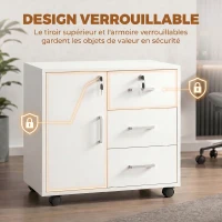 HOMCOM Caisson bureau meuble de rangement verrouillable avec 3 tiroirs et étagère réglable, roulettes, 40 x 60 x 56 cm, blanc(m-5)