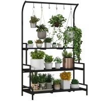 Outsunny 3 Tiered Plant Rack with Hanging Hooks, Tall Plant Stand for Indoor Outdoor Porch Balcony Use, Black(m-11)