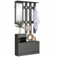 HOMCOM Mobilier de hol cu cuier, pantofar, oglindă, din PAL, 90x10x102 cm, negru(m-11)