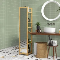 HOMCOM Etajeră de baie cu oglindă și 6 rafturi, dulap cu oglindă din bambus, 35x35x168cm, culoare lemn(m-7)