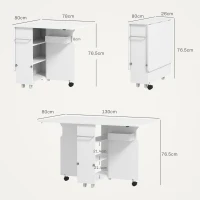 HOMCOM Masă pliabilă cu rafturi pe 3 niveluri, spațiu de depozitare și roți, din MDF, 130x80x76,5 cm, alb(m-3)