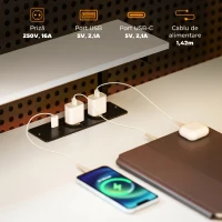 HOMCOM Birou Colțar cu Prize Electrice și USB, Raft și Suport pentru Monitor, Alb și Negru(m-4)