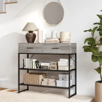 HOMCOM Consolle da Ingresso con 2 Cassetti, 2 Ripiani e Gancio Laterale, in Legno e Metallo, 100x35x92 cm, Nero e Legno(m-7)