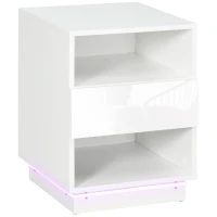 HOMCOM Mesa de Cabeceira Moderna com Luz LED Controlo Remoto Gaveta de Alto Brilho e 2 Prateleiras 40x40x55 cm Branco(m-11)