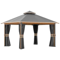 Outsunny Foisor de 3 x 4m, Foisor de exterior, Adapost pentru Baldachin cu plasa si perdele, Acoperis ventilat, Coloana din aluminiu cu granulatie lemnoasa pentru gradina, gazon, curte si punte(m-1)