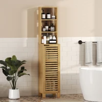 HOMCOM Coluna Casa de Banho de Bambu com 3 Prateleiras Abertas Portas de Ripas Prateleiras Ajustáveis 34x30x170 cm Madeira(m-10)