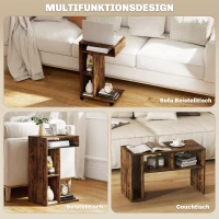 HOMCOM Beistelltisch, C-förmiger Servierwagen, 4 Rollen, 3 Fächer, 40 x 30 x 69 cm, Rustikal-Braun(m-5)