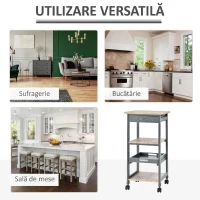HOMCOM Cărucior de Bucătărie pentru Servire cu Sertar, 2 Rafturi și Tavă Detasabilă, 37x37x76cm, Gri(m-8)