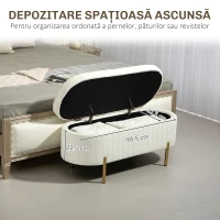 HOMCOM Bancă de Depozitare Ovală 72L cu Capac Rabatabil, din Țesătură Velurată și Lemn, 108x44x43.5 cm, Crem(m-6)