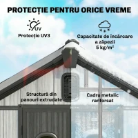 Outsunny Depozit de grădină, șopron, depozit pentru unelte, din plastic, cu podea, cadru metalic, guri de aerisire, 2 ferestre, uși duble blocabile, acoperiș înclinat, 3m², gri(m-5)