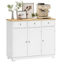 HOMCOM Sideboard with Rubber Wood Top, Modern Storage Cabinet, Kitchen Cupboard with 3 Doors, 3 Drawers and 3 Adjustable Shelves for Dining Room, Living Room, White(m-1)