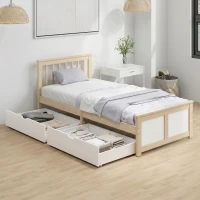 HOMCOM Pine Storage Bed, 3ft Single Solid Wooden Bed Frame with Drawers, Headboard, Wood Slat Support, Natural Wood Finish(m-2)