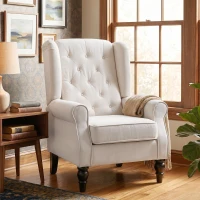 HOMCOM Fauteuil de Salon, Fauteuil d'Appoint Mi-Siècle Moderne en Flanelle Neige avec Haut Dossier Capitonné à Oreilles, Crème(m-8)