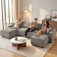HOMCOM Ecksofa mit Doppel-Chaiselongues, U-förmiges Sofa aus Cordstoff mit breitem und tiefem Sitz, Federkernkissen, Hellgrau(m-8)