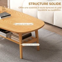 HOMCOM Table Basse à 2 Niveaux, Table de Salon Moderne avec Étagère Inférieure Ouverte et Pieds en Bois d'Hévéa, Bois Naturel(m-5)