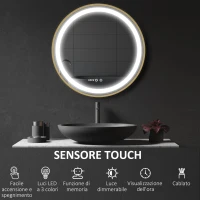 kleankin Specchio Bagno con Luce LED, Luminosità Regolabile a 3 Tonalità e Funzione Memoria, Ø60 cm, Oro(m-4)