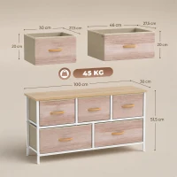 HOMCOM Kommode mit 5 Schubladen, Stoffkommode mit Metallrahmen und Holzoberfläche, Naturholz und Weiß(m-3)