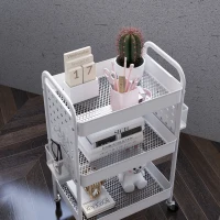 HOMCOM 3-tier Storage Trolley on Wheels, Rolling Utility Serving Cart with 3 Mesh Baskets, 2 Hanging Boxes and 6 Hooks for Living Room, Kitchen, White(m-8)