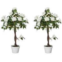Outsunny Set 2 Alberelli di Rose Finte Alte 90cm con 21 Fiori e Vaso, Bianco e Verde(m-7)