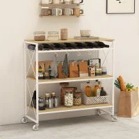 HOMCOM Carrello Portavivande a 4 Livelli con Portabottiglie e 5 Ganci Rimovibili, in Legno e Metallo, 96.5x38x96.7 cm(m-2)